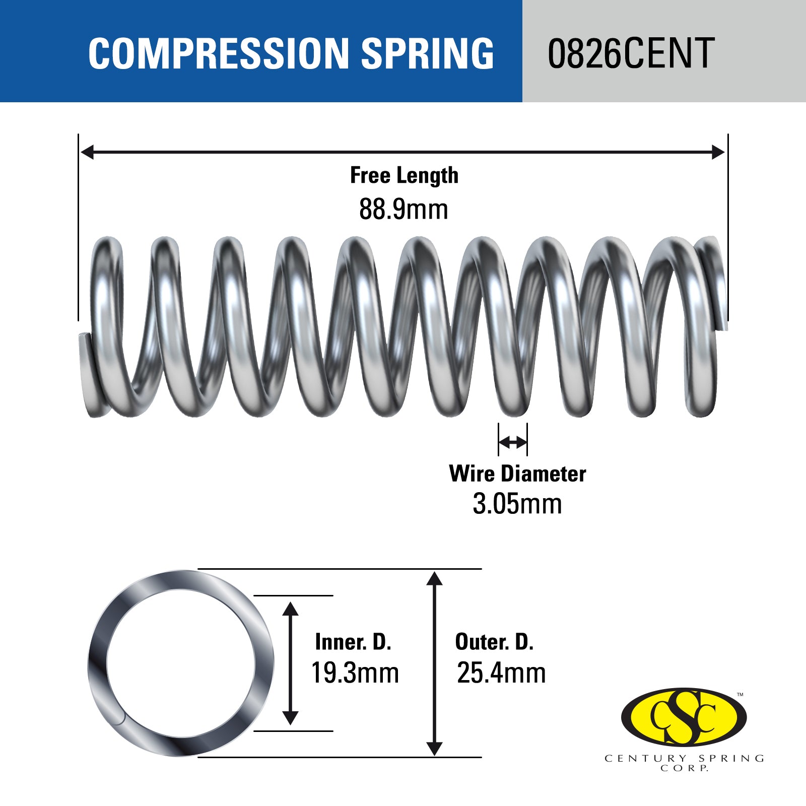 Century Spring Corp 25 x 88.9 x 3.1mm Steel Compression Spring 2 Pack