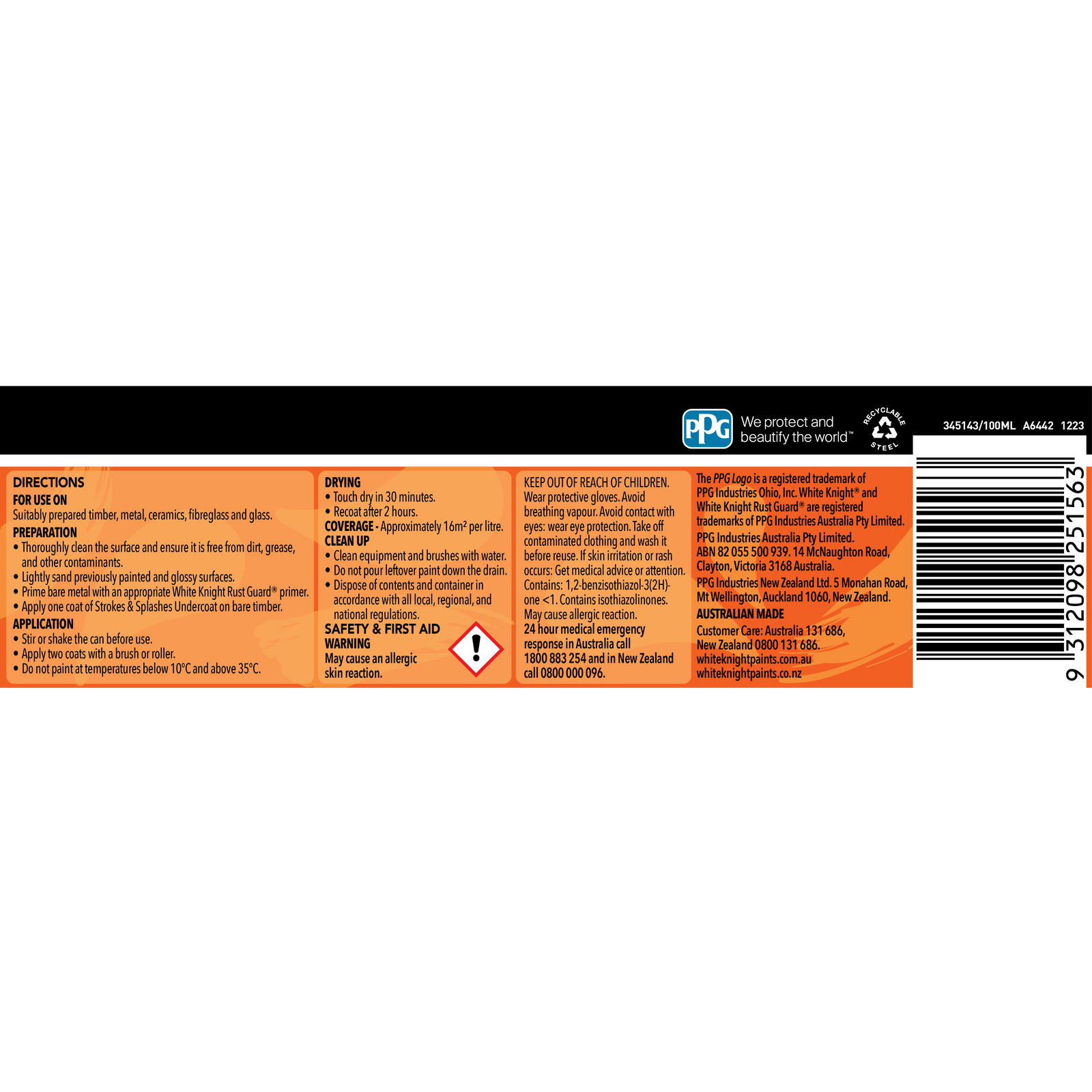 White Knight Strokes & Splashes 100ml Orange Gloss Water-Based Craft Paint Indoor Outdoor