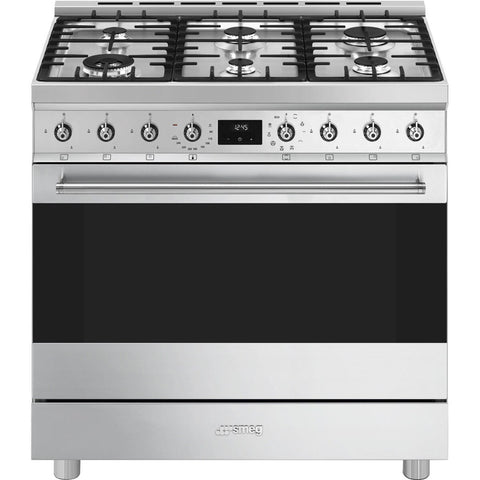 Smeg 90cm Classic Dual Fuel Freestanding Oven - 126L, Six Burner Gas Cooktop, Stainless Steel - CS9GMXA2
