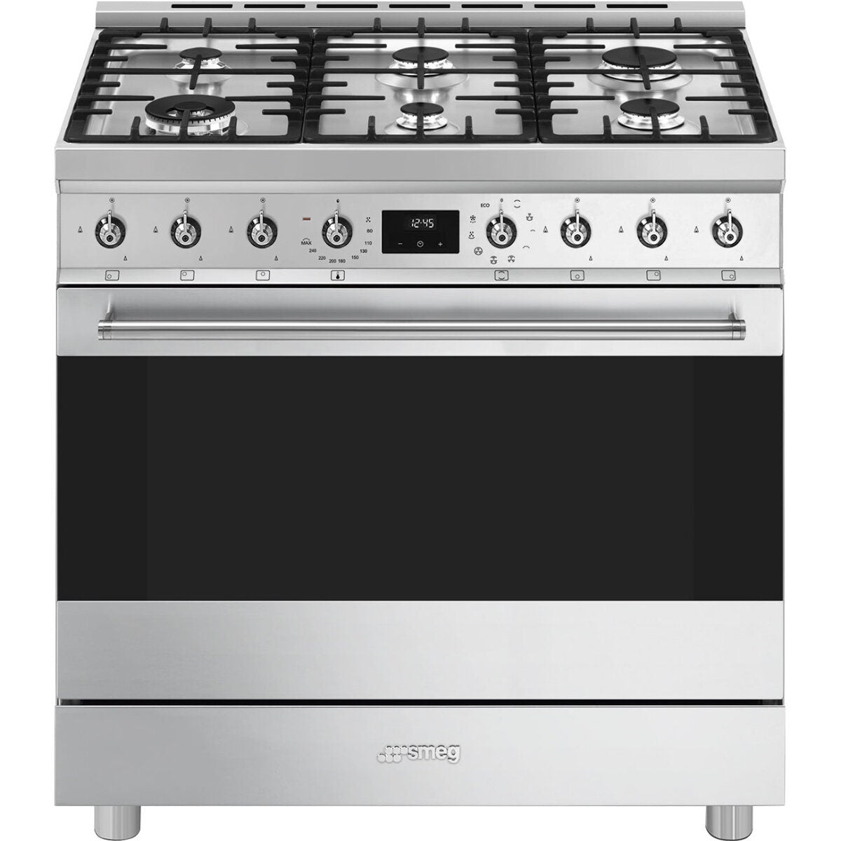 Smeg 90cm Classic Dual Fuel Freestanding Oven - 126L, Six Burner Gas Cooktop, Stainless Steel - CS9GMXA2