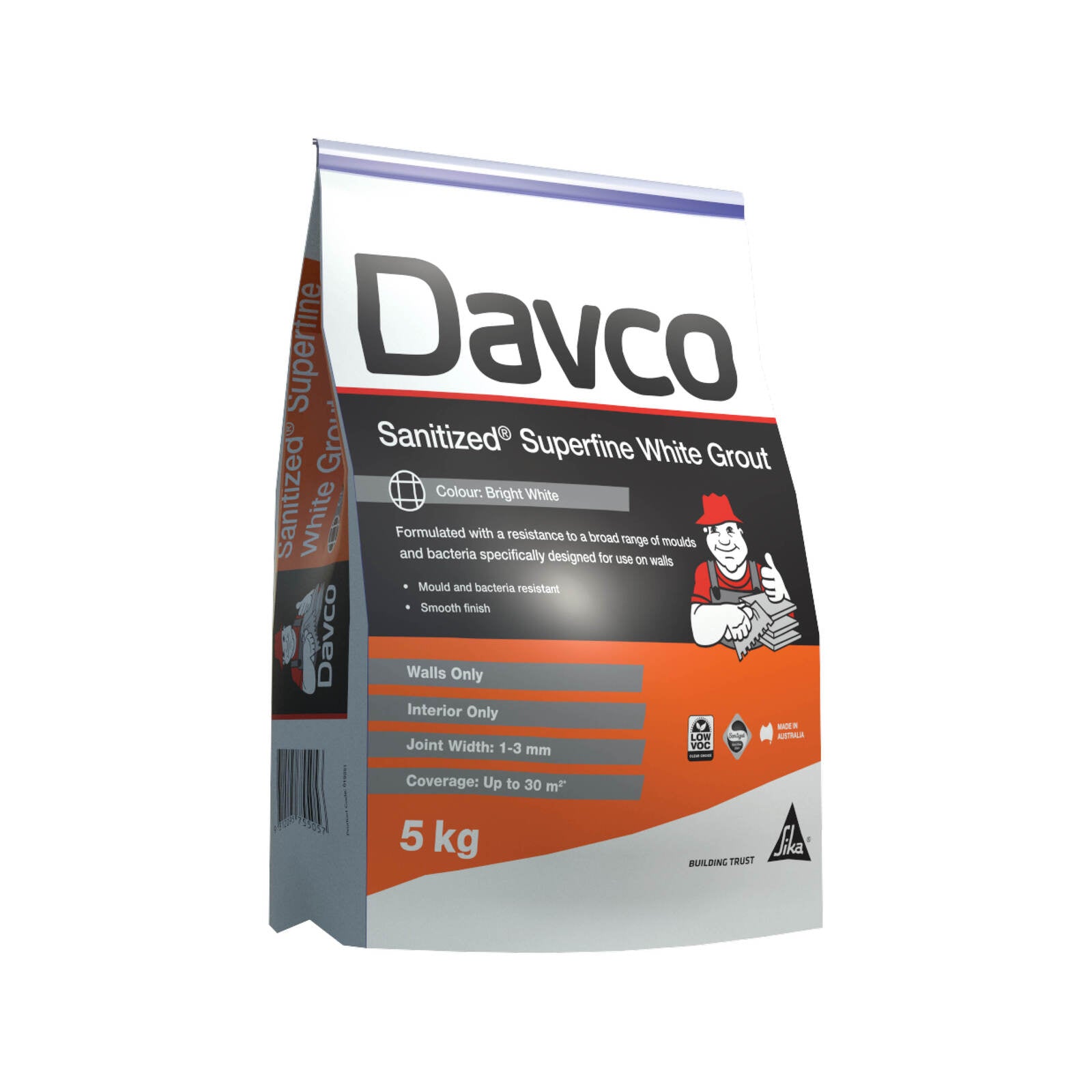 Davco 5kg Bright White Superfine Sanitised Grout - Wall, 1-3mm Joints