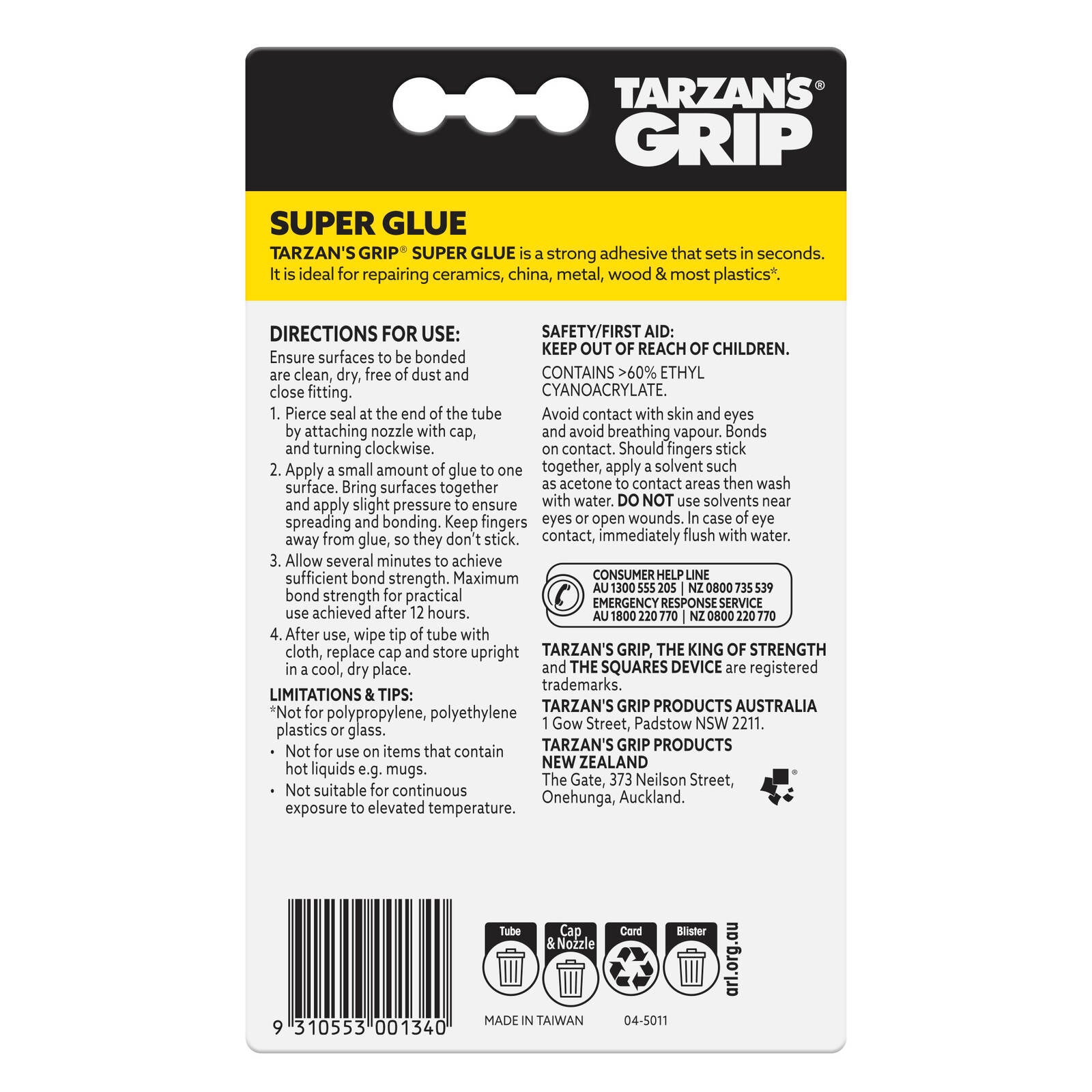 Selleys Tarzan's Grip Super Glue 3mL Clear Multi-Purpose Adhesive