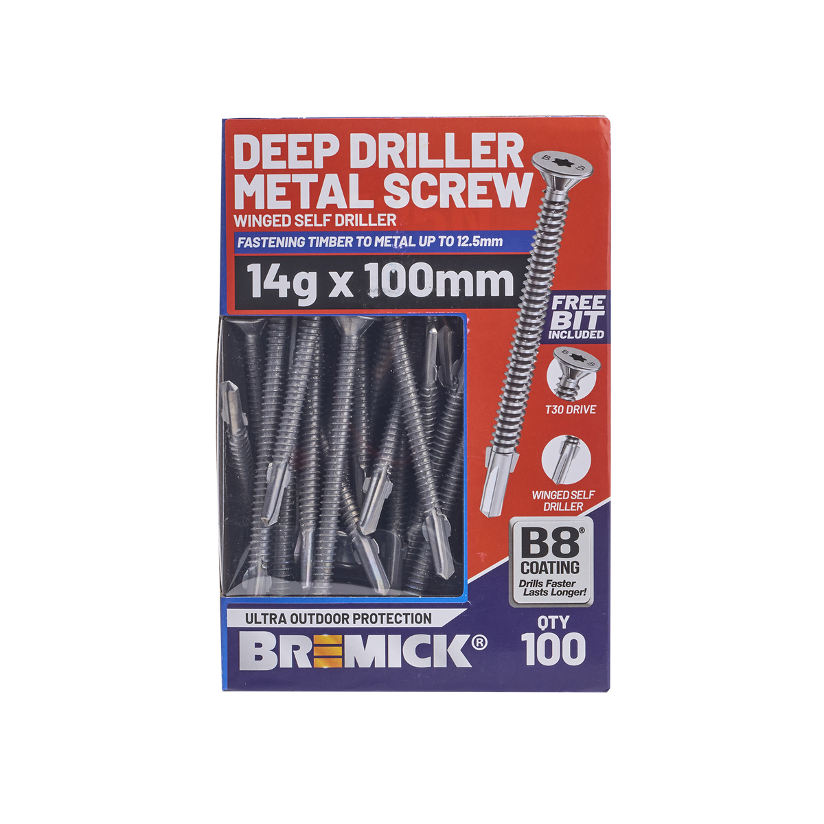 Bremick Metal Deep Driller Screw 14g x 100mm T30 B8 - Box of 100 - Durable Fastening - SuperSaverAU - view 2