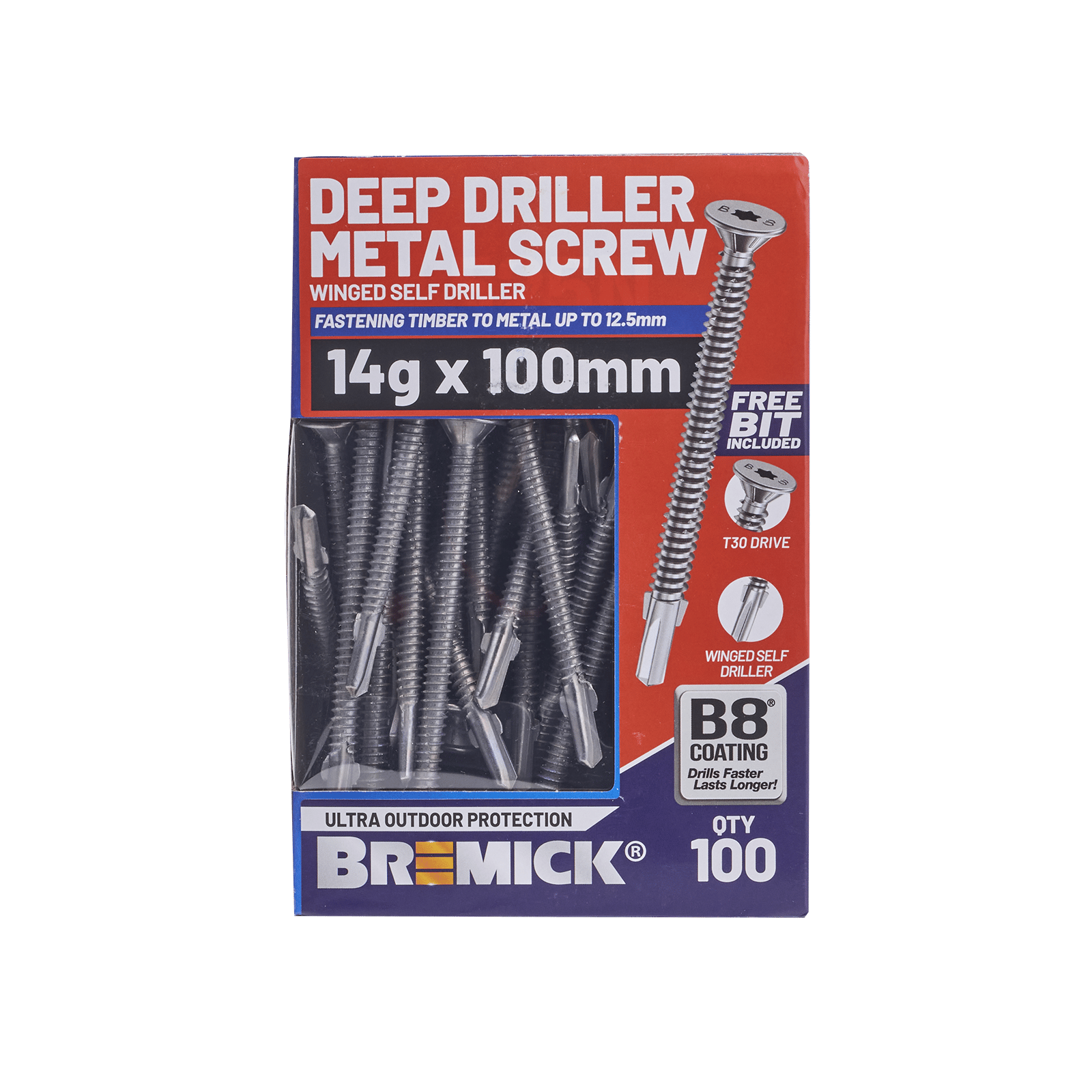 Bremick 14g x 100mm T30 Metal Deep Driller Winged Screws B8 - 100 Pack