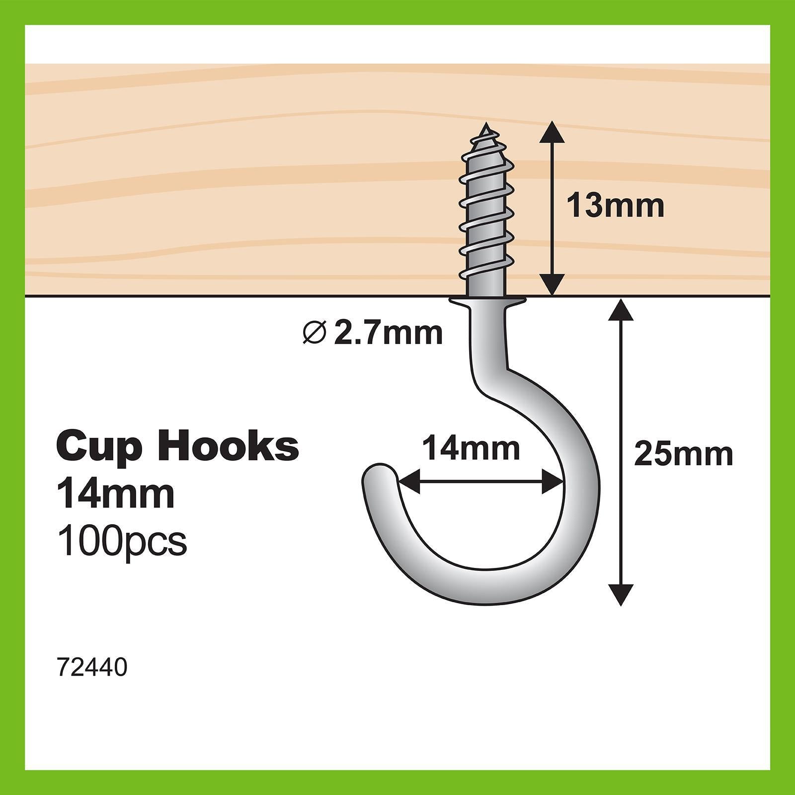 Everhang 14mm Zinc Plated Steel Cup Hooks 100 Pack