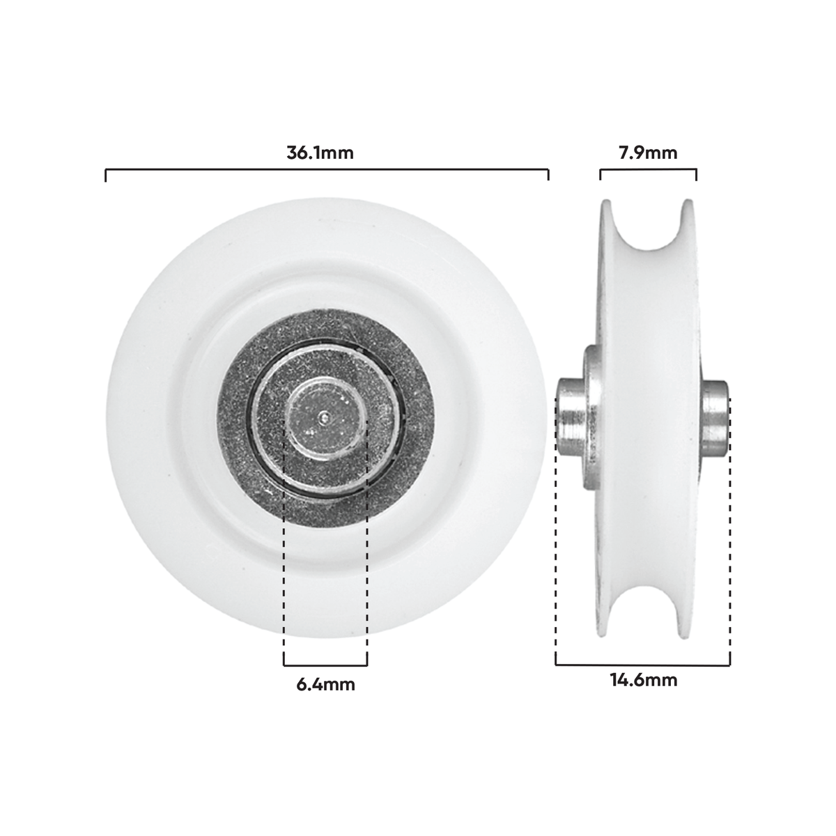 Rolltrak 36mm White Nylon Concave Roller - Patio Door