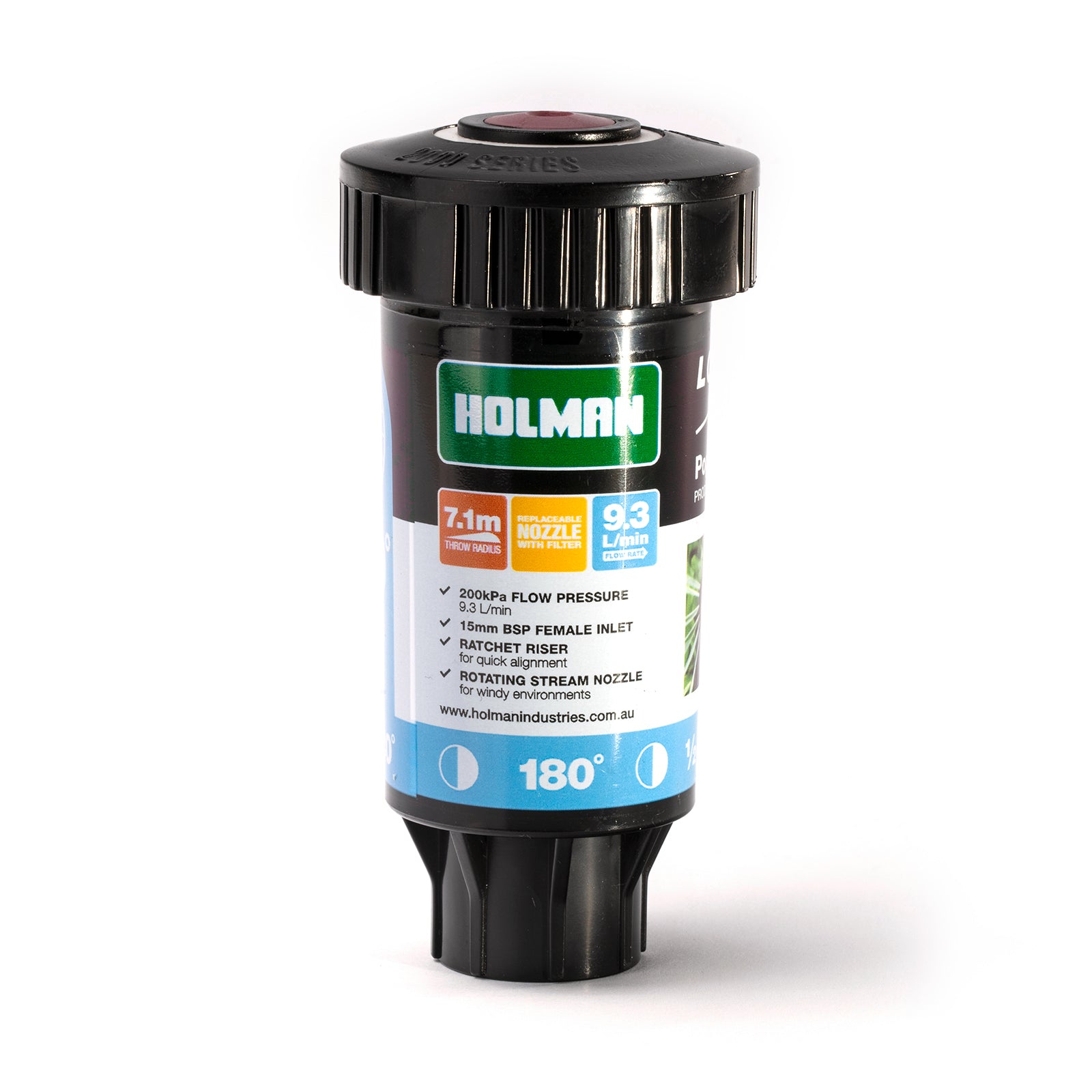 Holman 50mm Longstream Rotating Pop Up Sprinkler 1/2 Circle - 15mm BSP, 800 kPa, Black