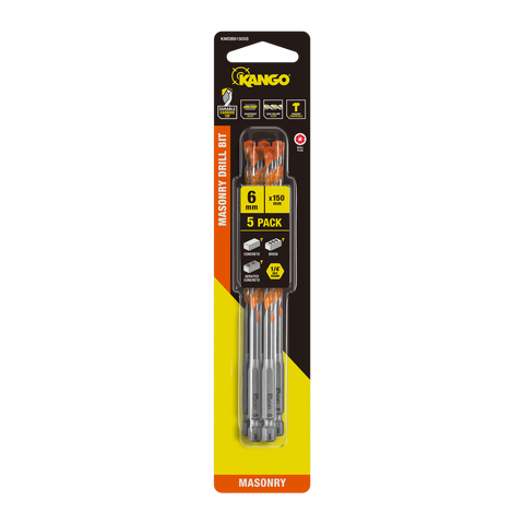 Kango 6 x 150mm Masonry Drill Bit 5 Pack - Carbide Tip, 1/4" Hex Shank
