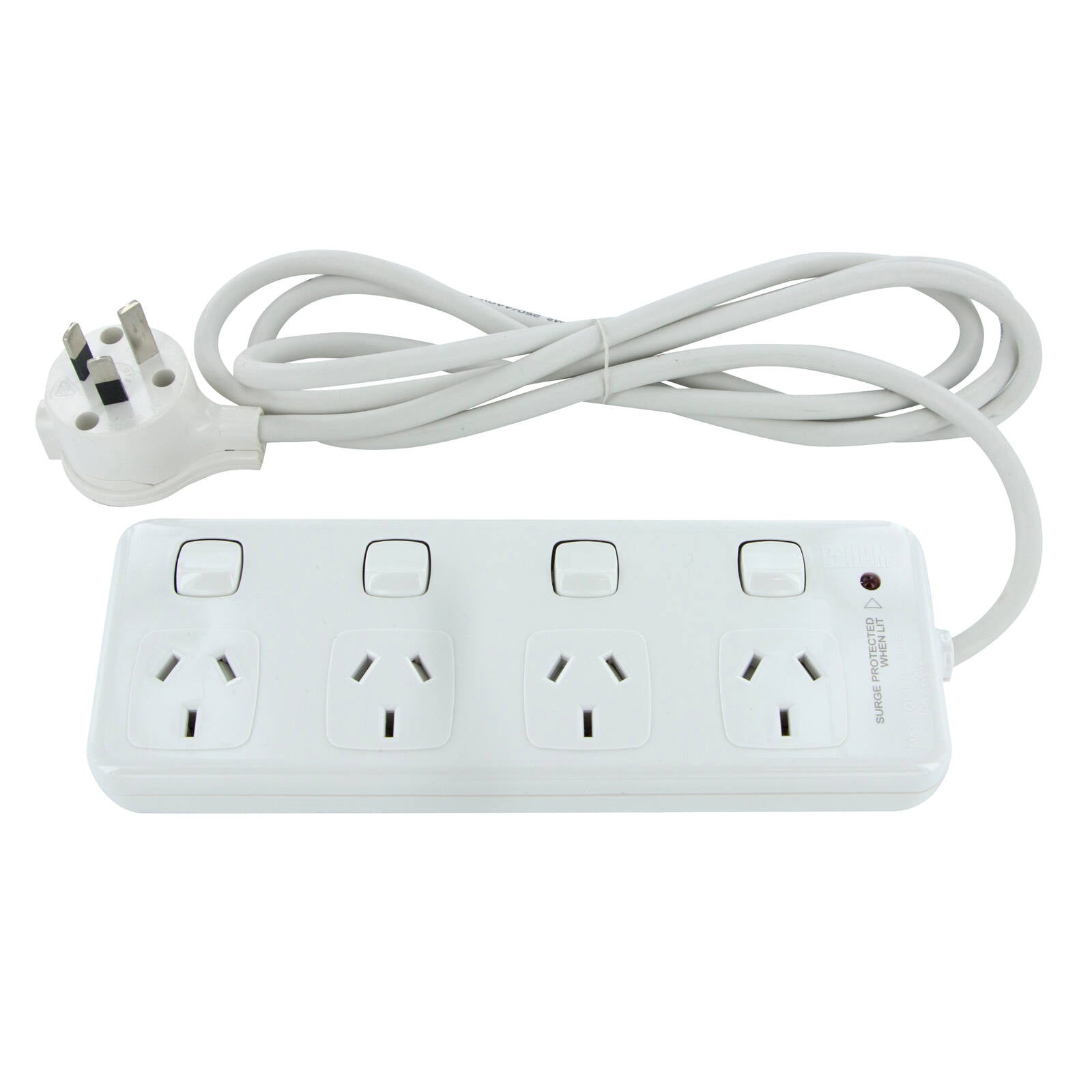 HPM 4 Outlet Surge Protected Powerboard 10A 2400W Individually Switched 175J D104PAWE