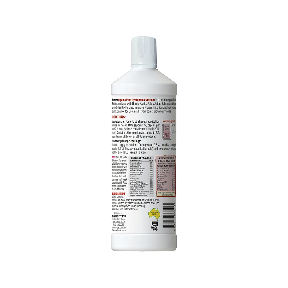 Manutec 1L Hydroponic Organic Plus Liquid Fertiliser For All Plants