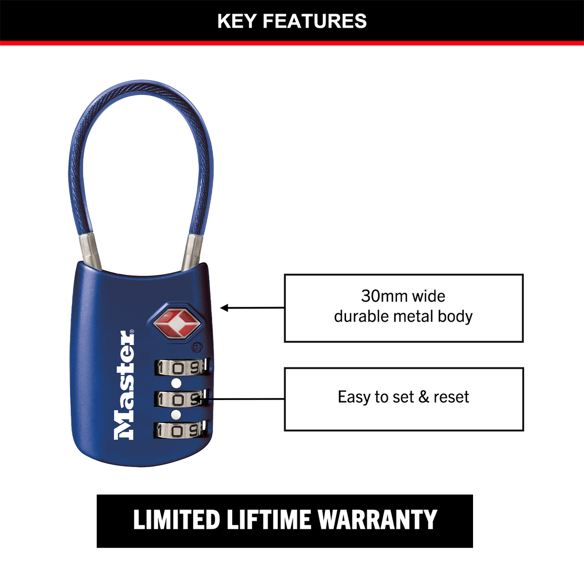 Master Lock TSA-Approved Wire Cable Combination Luggage Lock, 30mm, Resettable
