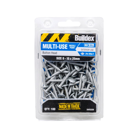 Buildex 8-15 x 25mm Galvanised Button Head Needle Point Screws - 100 Pack