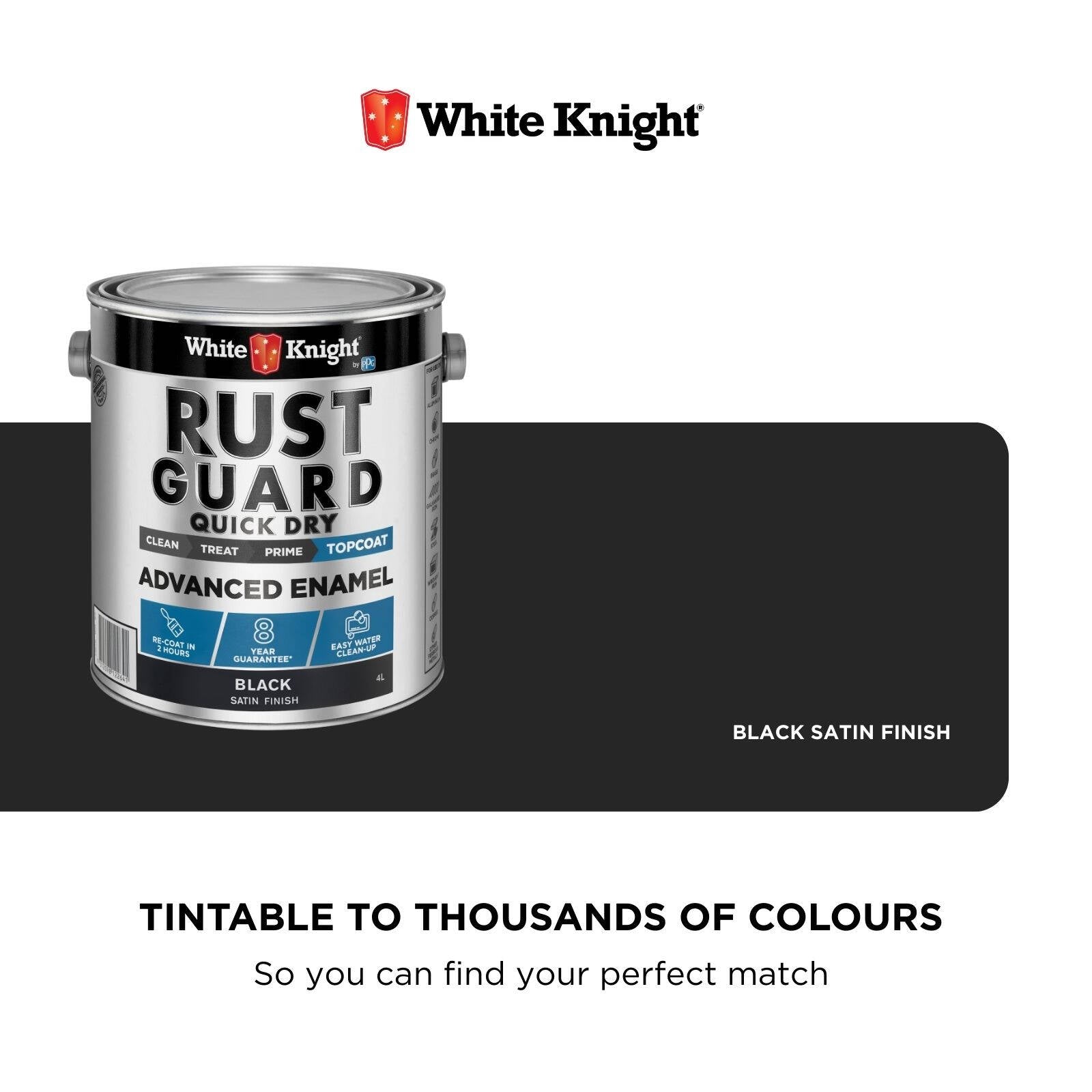 White Knight Rust Guard 4L Black Satin Quick Dry Advanced Enamel Paint, UV Resistant