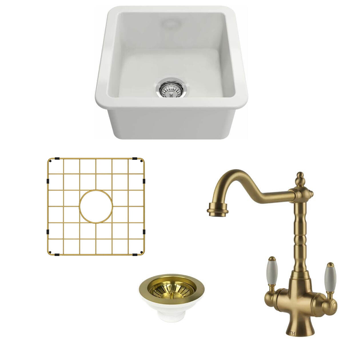 Turner Hastings Cuisine 46 Sink Pack - Brushed Brass Providence Double Mixer Tap - 28L Fireclay Bowl - PKG046