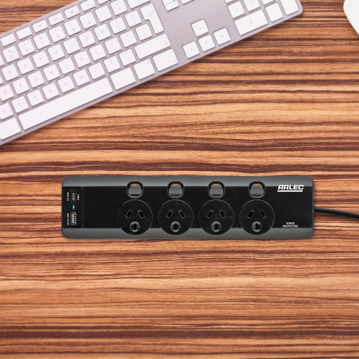 Arlec 4 Outlet Individually Switched Surge Powerboard with PD45W USB-A & USB-C PB46-BKU