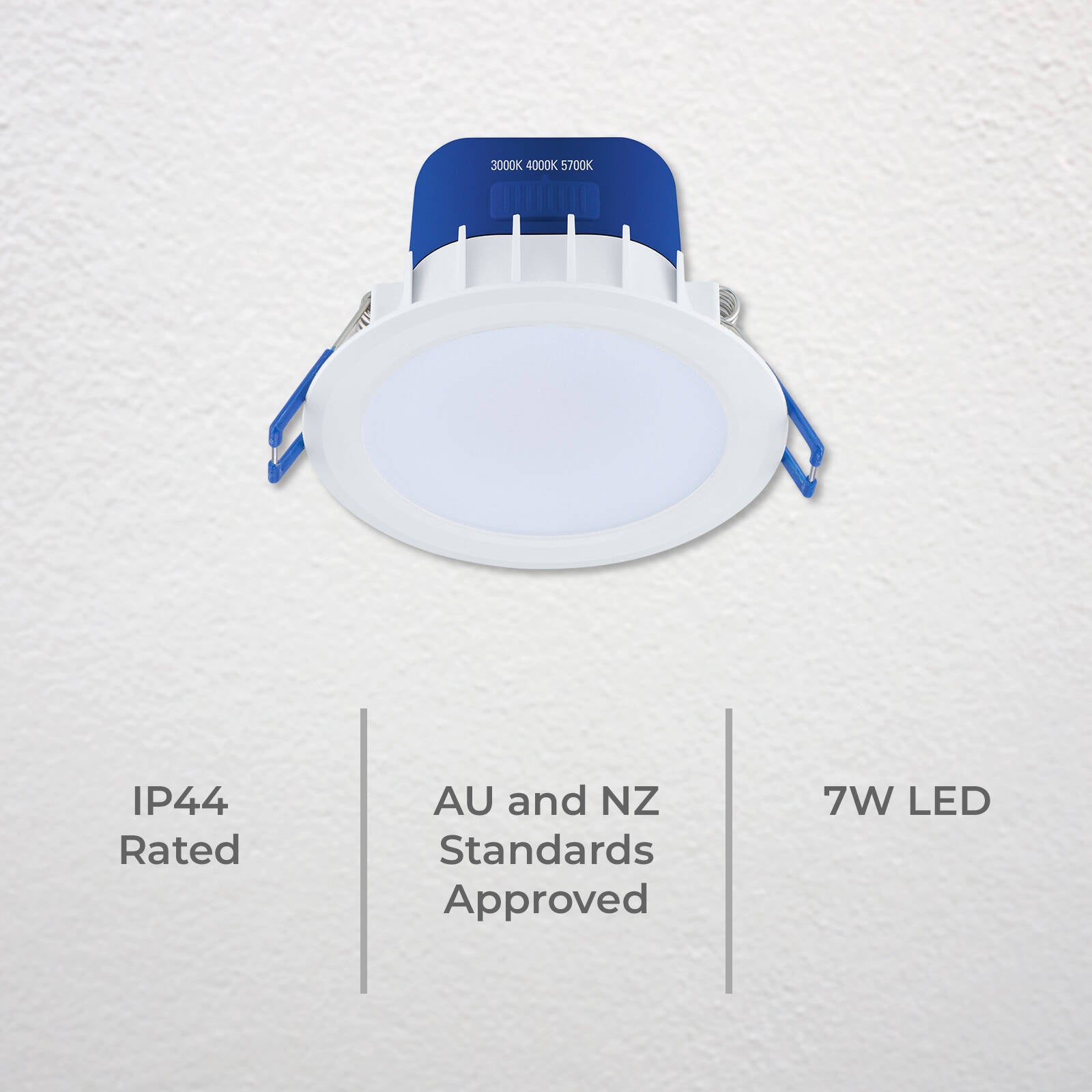 DETA 7W 70mm IP44 Tri-Colour Dimmable LED Downlight 240V Hardwired White Blue DET610