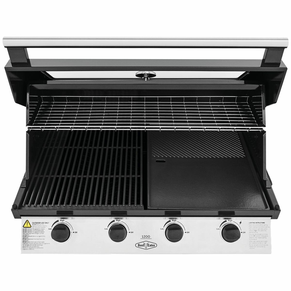 Beefeater 1200 Series 4 Burner Built-In LPG BBQ - Black, Cast Iron Cook-Top, Roasting Hood - BBG1240BB