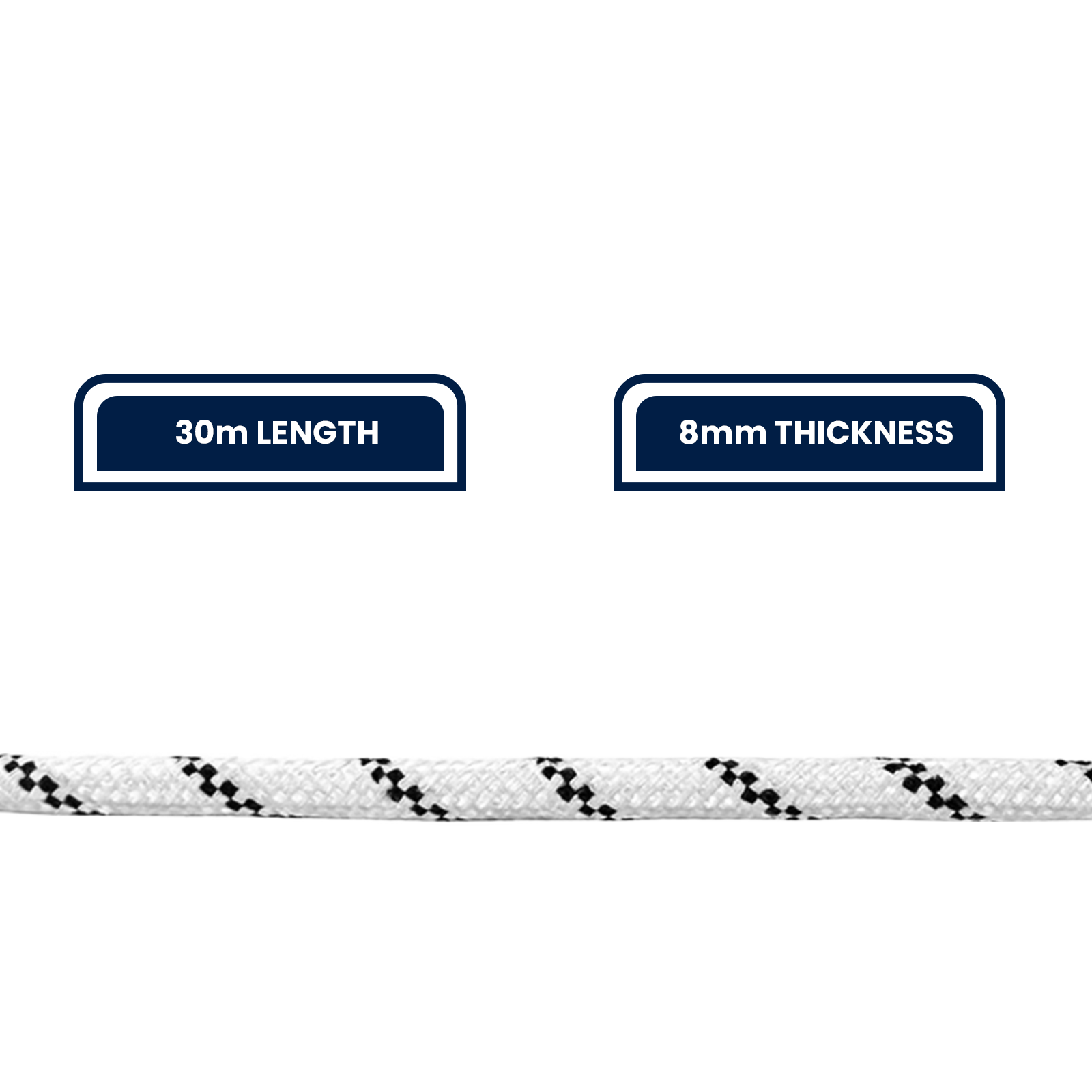 Grunt 8mm x 30m High Strength Rope, White with Black Trace, Polyester, 1350kg Break Strength