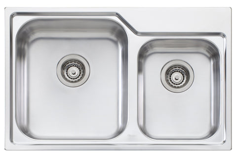 Oliveri Nu-Petite 1 and 3/4 Bowl Topmount Sink - 30L and 11L Bowls, No Taphole, 304 Stainless Steel - NP615NTH