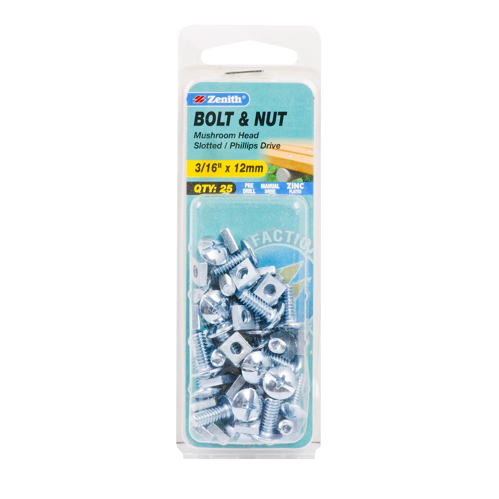 Zenith 3/16" x 12mm Zinc Plated Mushroom Head Bolt and Nut - 25 Pack