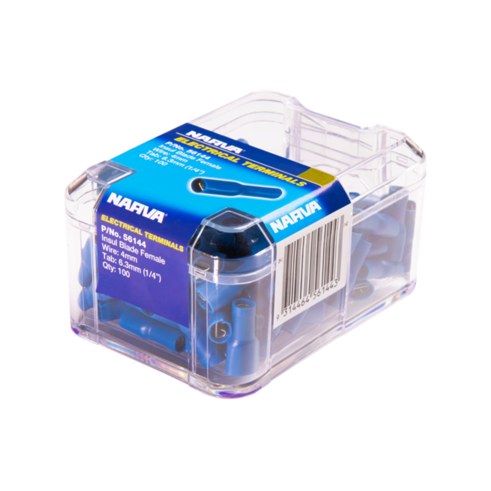 Narva Blue Double Crimped Female Fully Insulated Blade Terminal, 4mm, 6.3 x 0.8mm, 100 Pack