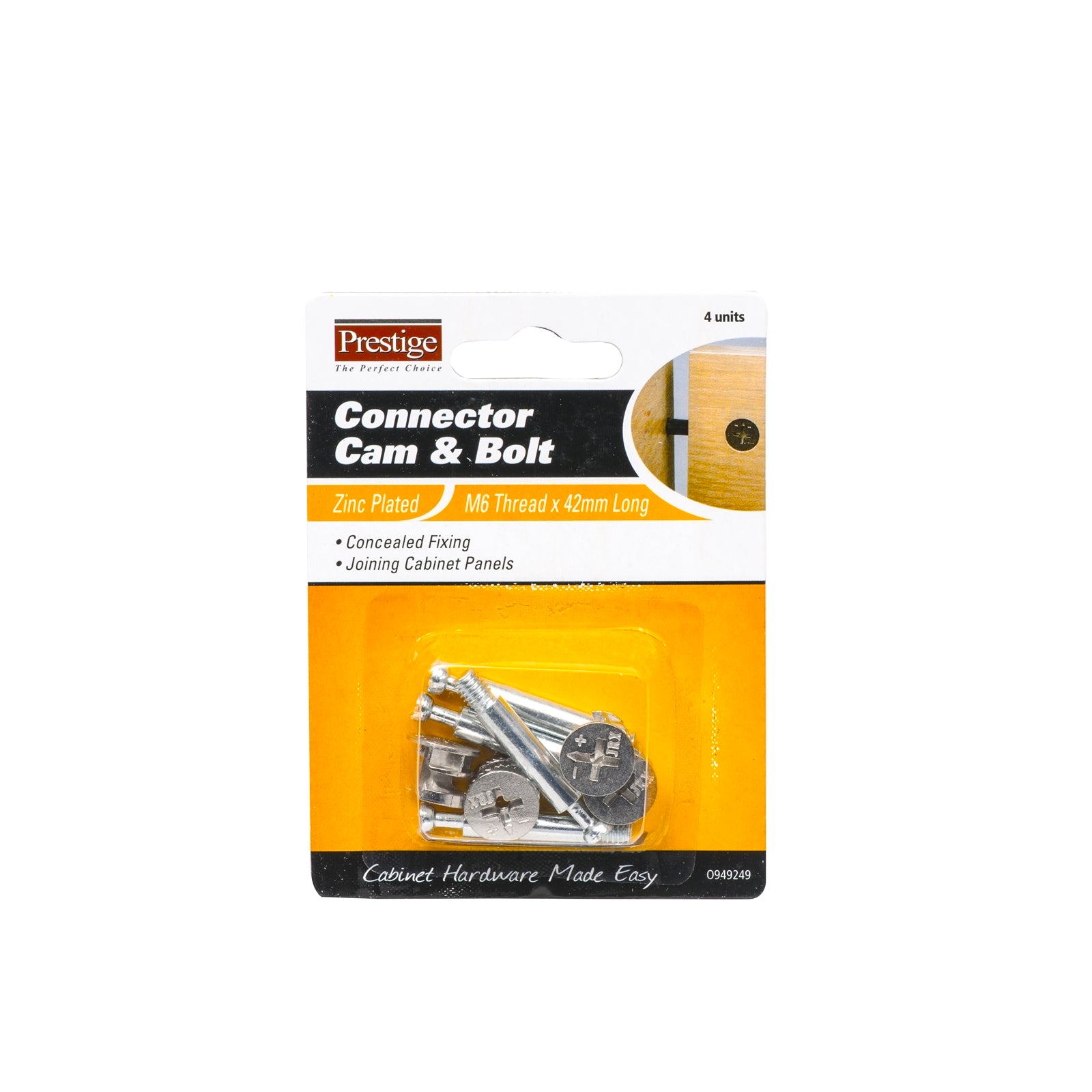 Prestige 42mm M6 Minifix Connector Cam and Bolt - 4 Pack