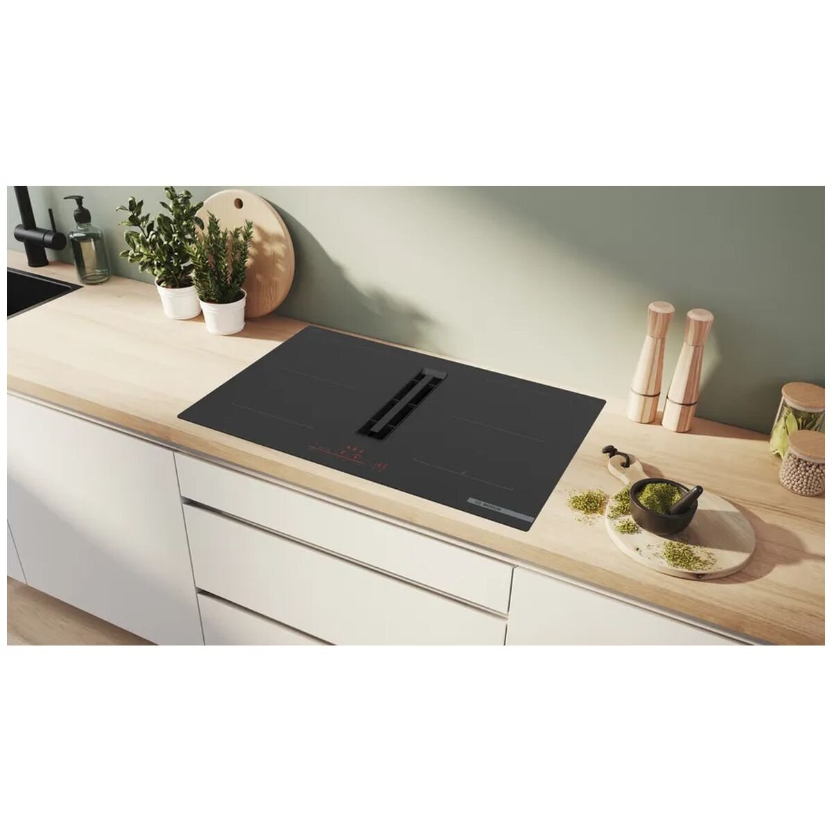 Bosch 70cm Series 6 Induction Cooktop with Downdraft Ventilation - Black Glass, Home Connect - PVQ711H26E