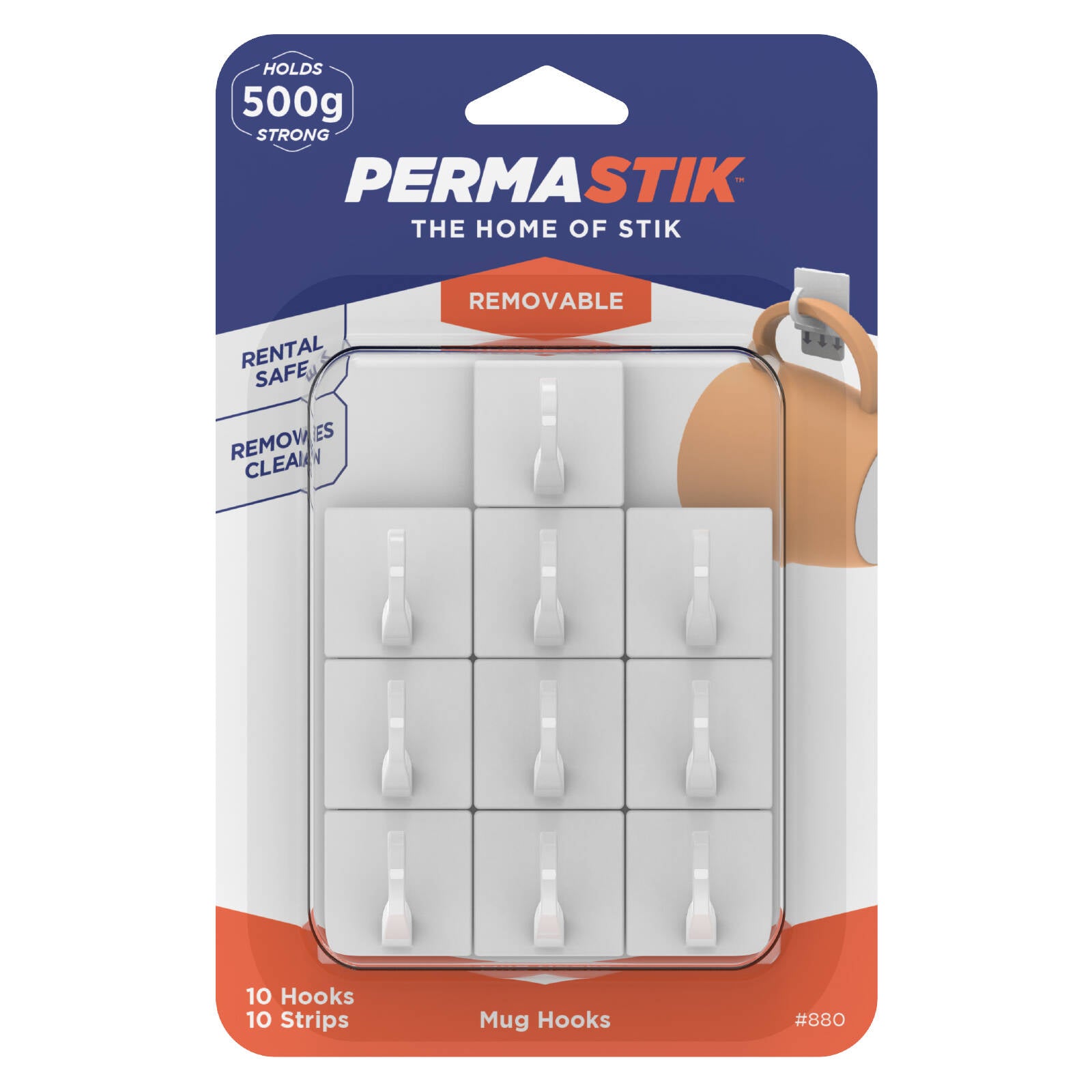 Permastik Adhesive Mug Hooks 10 Pack - White, No-Drill Cupboard Hooks