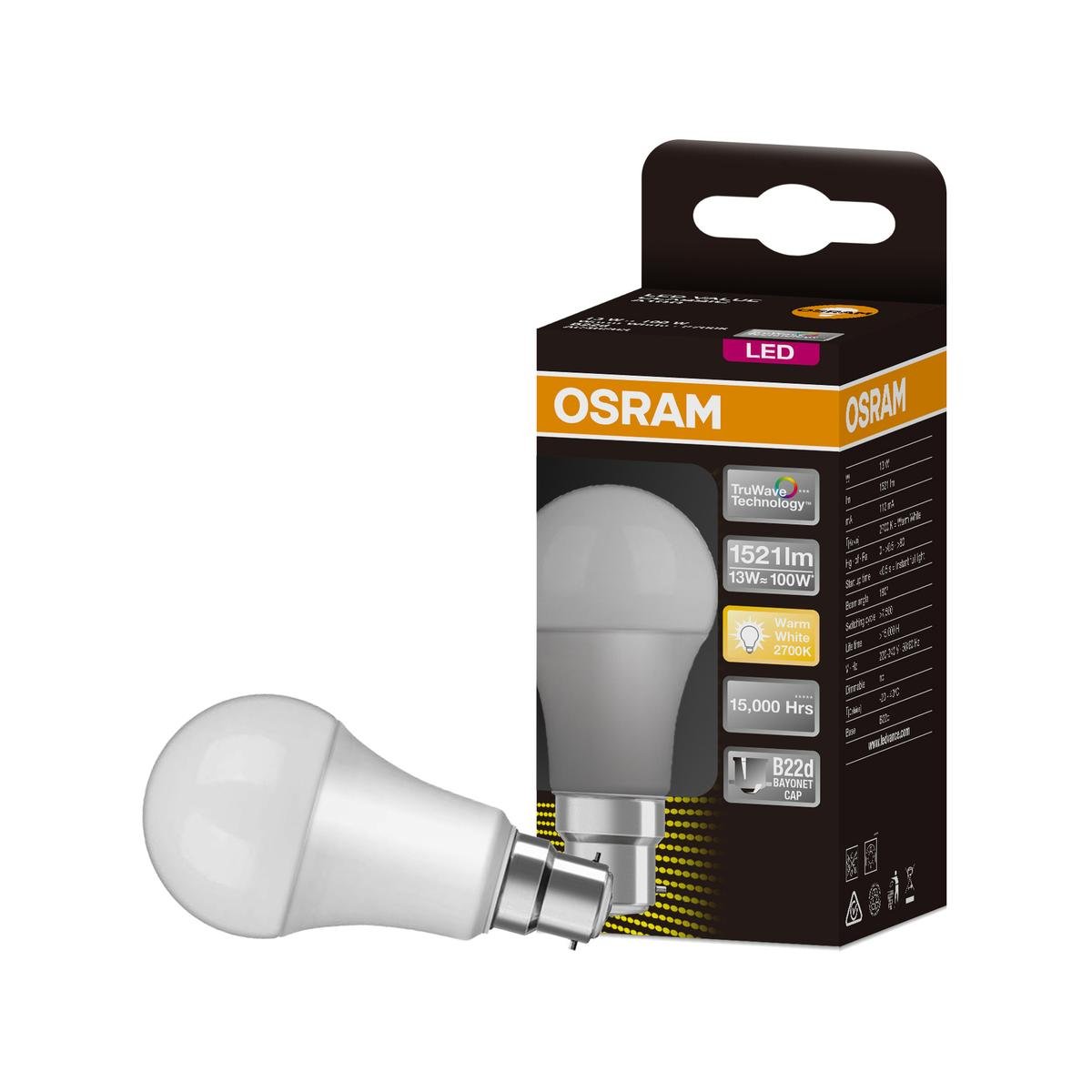 Osram A Shape B22 13W LED Globe, 1521lm Warm White Frosted
