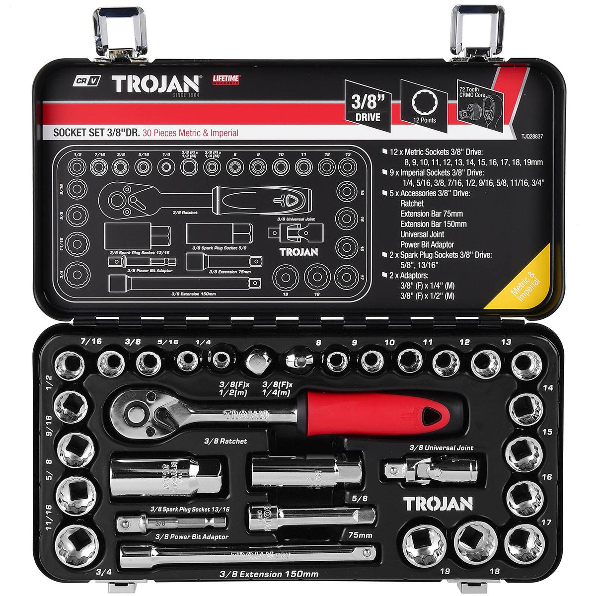 Trojan 30 Piece 3/8" Socket Tin Set - Metric & Imperial Sockets - Durable - SuperSaverAU - view 3