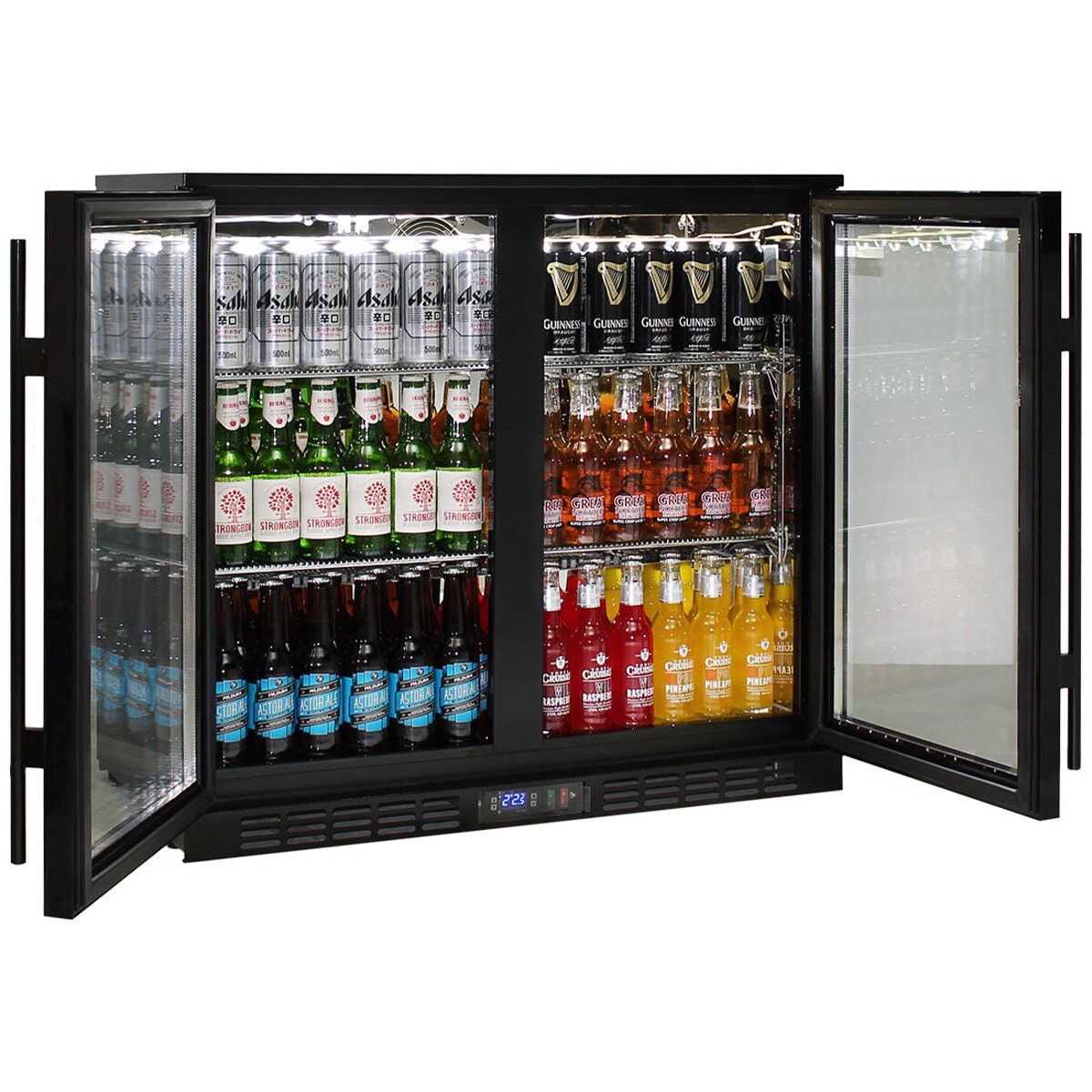 Rhino 208L Double Door Heated Glass Under Bench Beverage Centre - Black, Lockable Doors - SG2H-B-HD