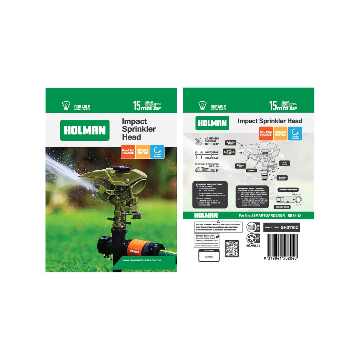Holman 15mm Metal Impact Sprinkler Head - Adjustable Spray, 15mm BSP, 800kPa