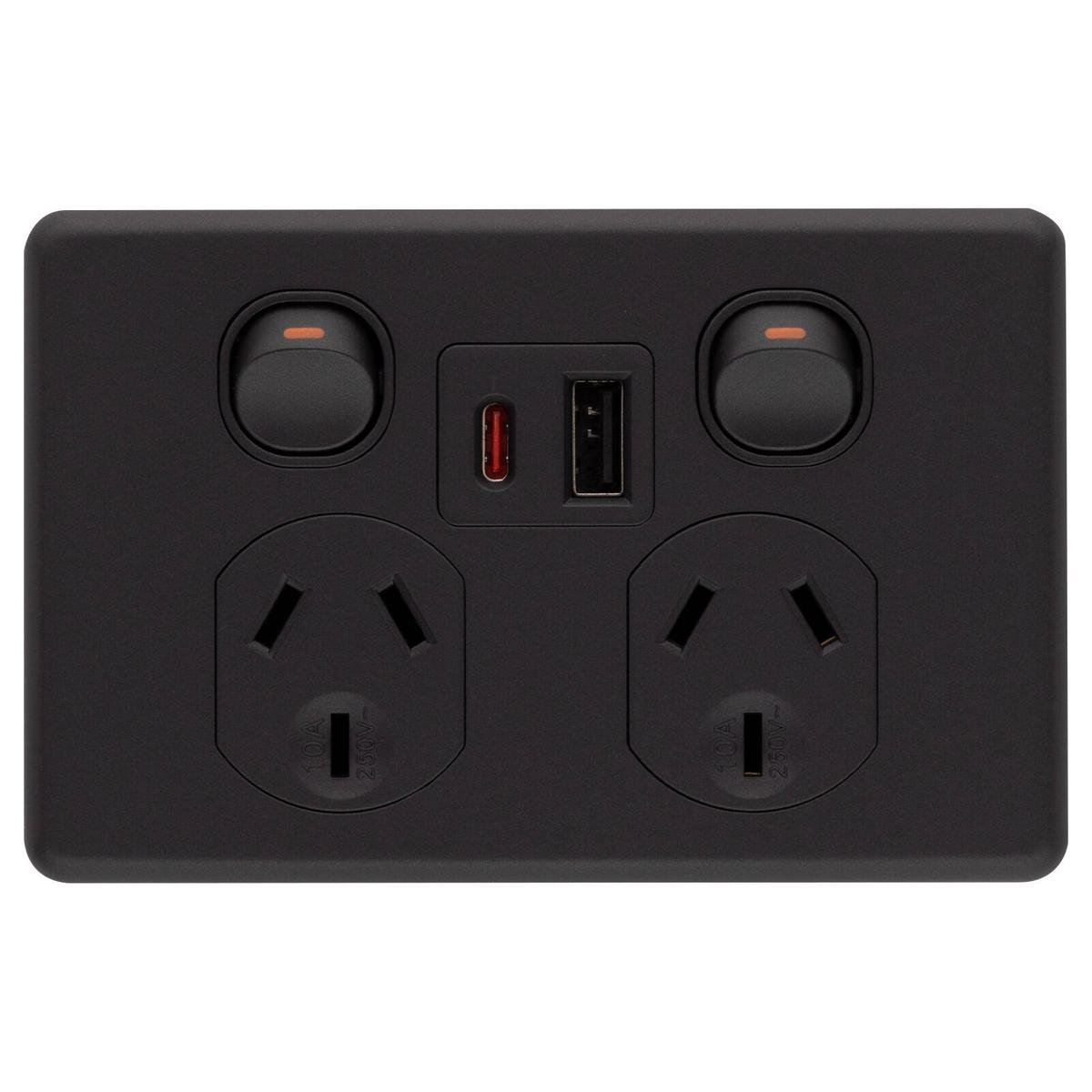 Deta x6 Double Power Point 50mm x 74mm x 115mm - Matte Black - USB A+C PD 20W Fast Charging - SuperSaverAU - view 1
