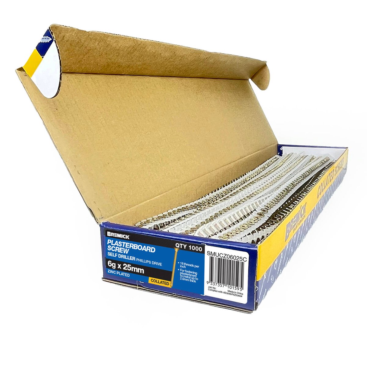 Bremick Collated Plasterboard Screws 6g x 25mm Yellow Zinc Bugle Head Fine Thread 1000 Pack