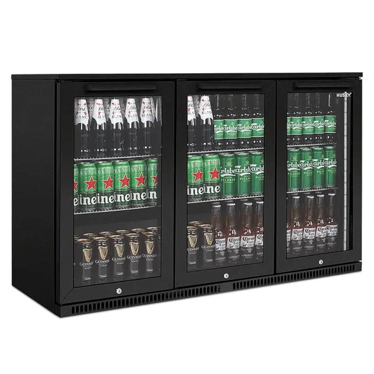 Husky 307L triple door outdoor beverage fridge - black, anti-condensation glass doors - ALFC3BLK840ELB