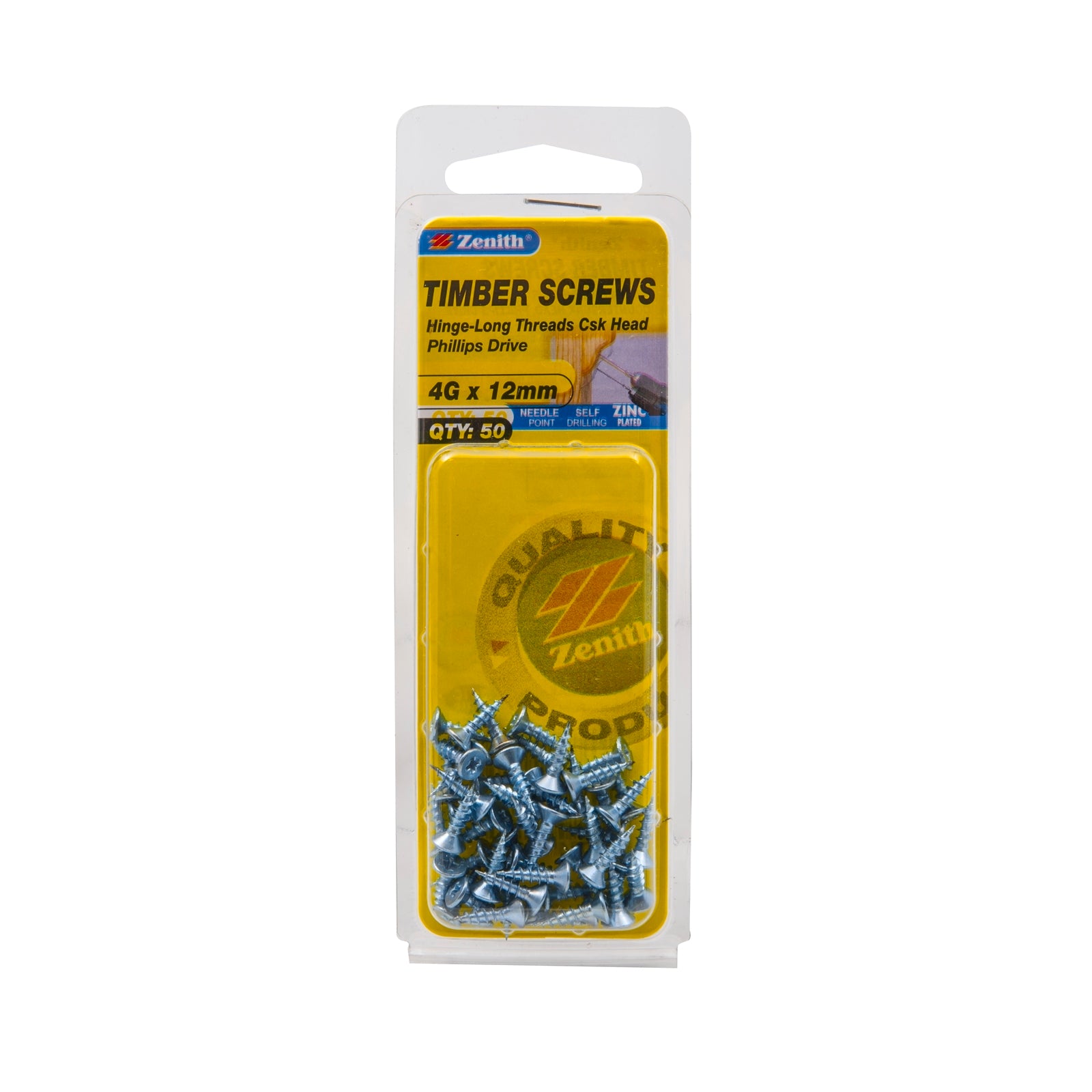 Zenith 4G x 12mm Zinc Plated Hinge Long Thread Countersunk Timber Screws - 50 Pack
