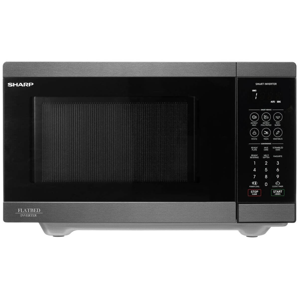 Sharp 26L 900W Flatbed Inverter Microwave - Black Steel, 23 Auto Menus, Defrost by Weight - SM267FHBS