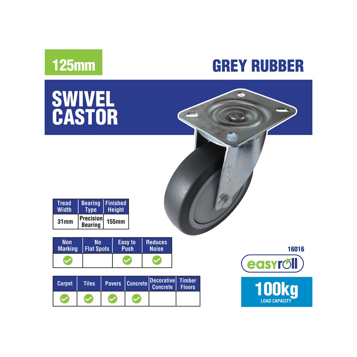 Easyroll 125mm Grey Rubber Heavy Duty Swivel Castor 100kg