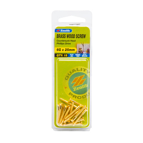 Zenith 6G x 25mm Solid Brass Countersunk Head Wood Screws, Needle Point, 15 Pack