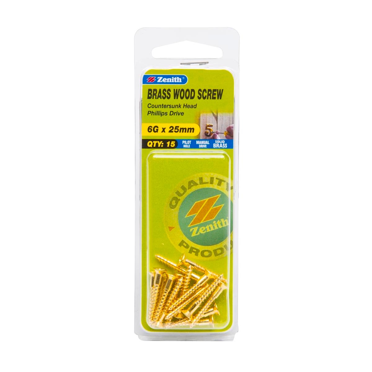 Zenith 6G x 25mm Solid Brass Countersunk Head Wood Screws, Needle Point, 15 Pack