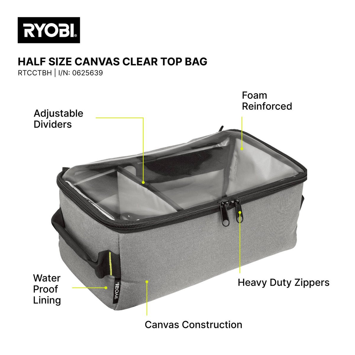 Ryobi Half Size Clear Top Traxx Canvas Bag - 240mm x 170mm x 440mm - Water-Resistant - SuperSaverAU - view 2
