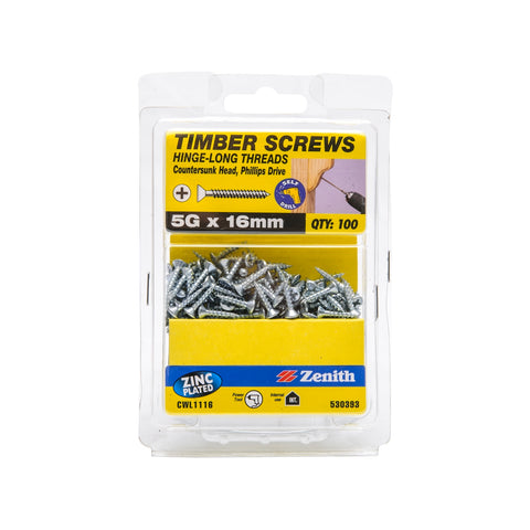 Zenith 5G x 16mm Zinc Plated Countersunk Hinge Timber Screws 100 Pack
