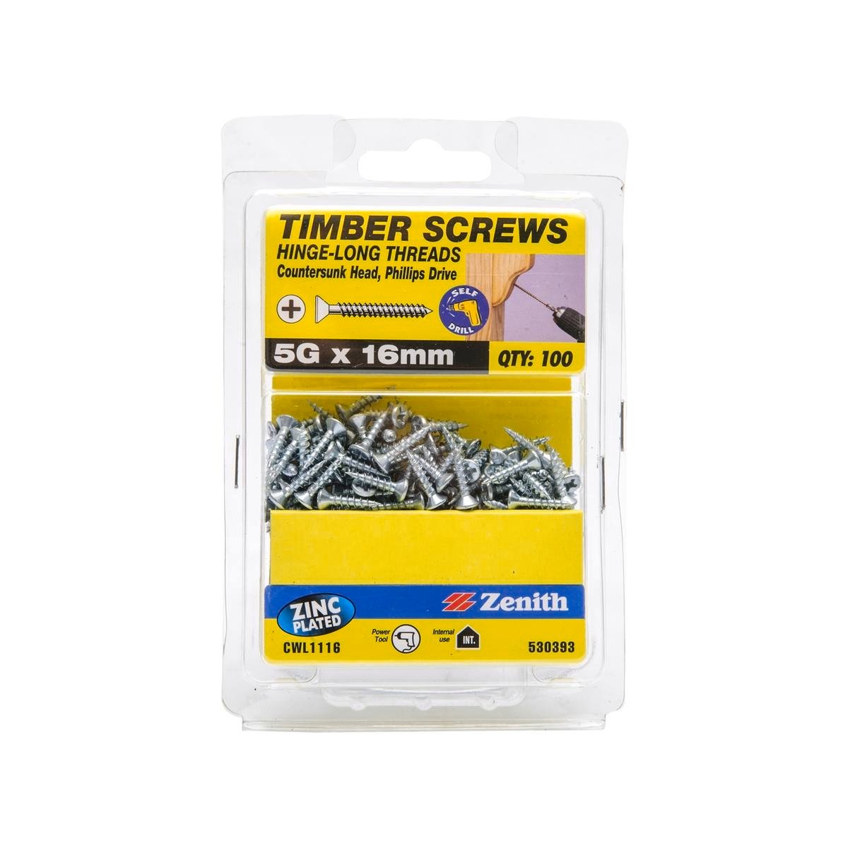 Zenith 5G x 16mm Zinc Plated Countersunk Hinge Timber Screws 100 Pack