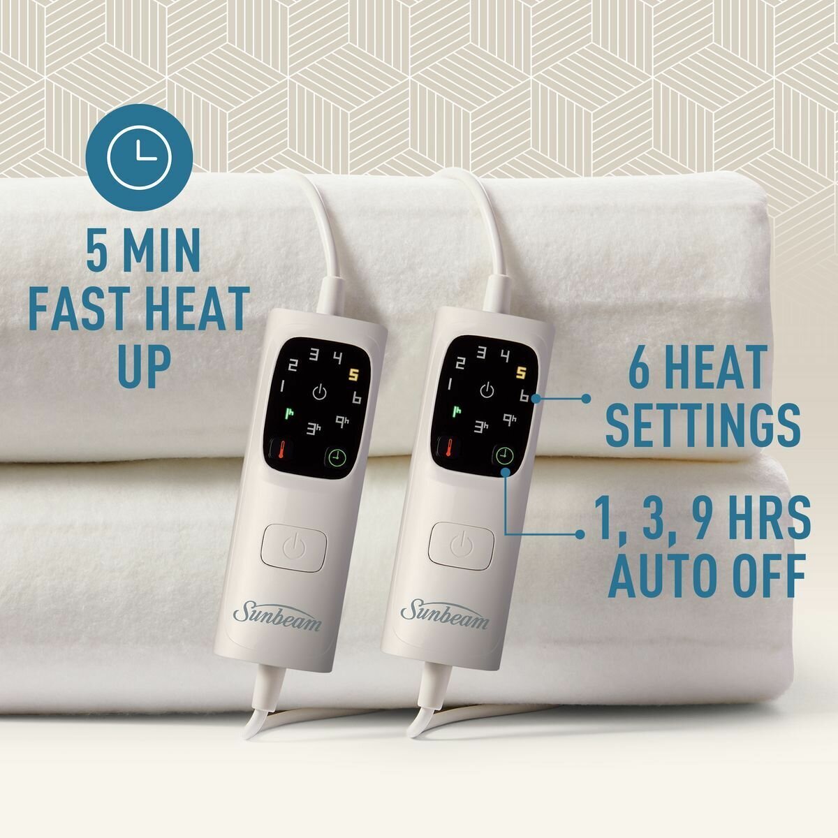 Sunbeam Sleep Perfect Queen Electric Blanket - Antibacterial, 6 Heat Settings, Dual Controls - BLA6351