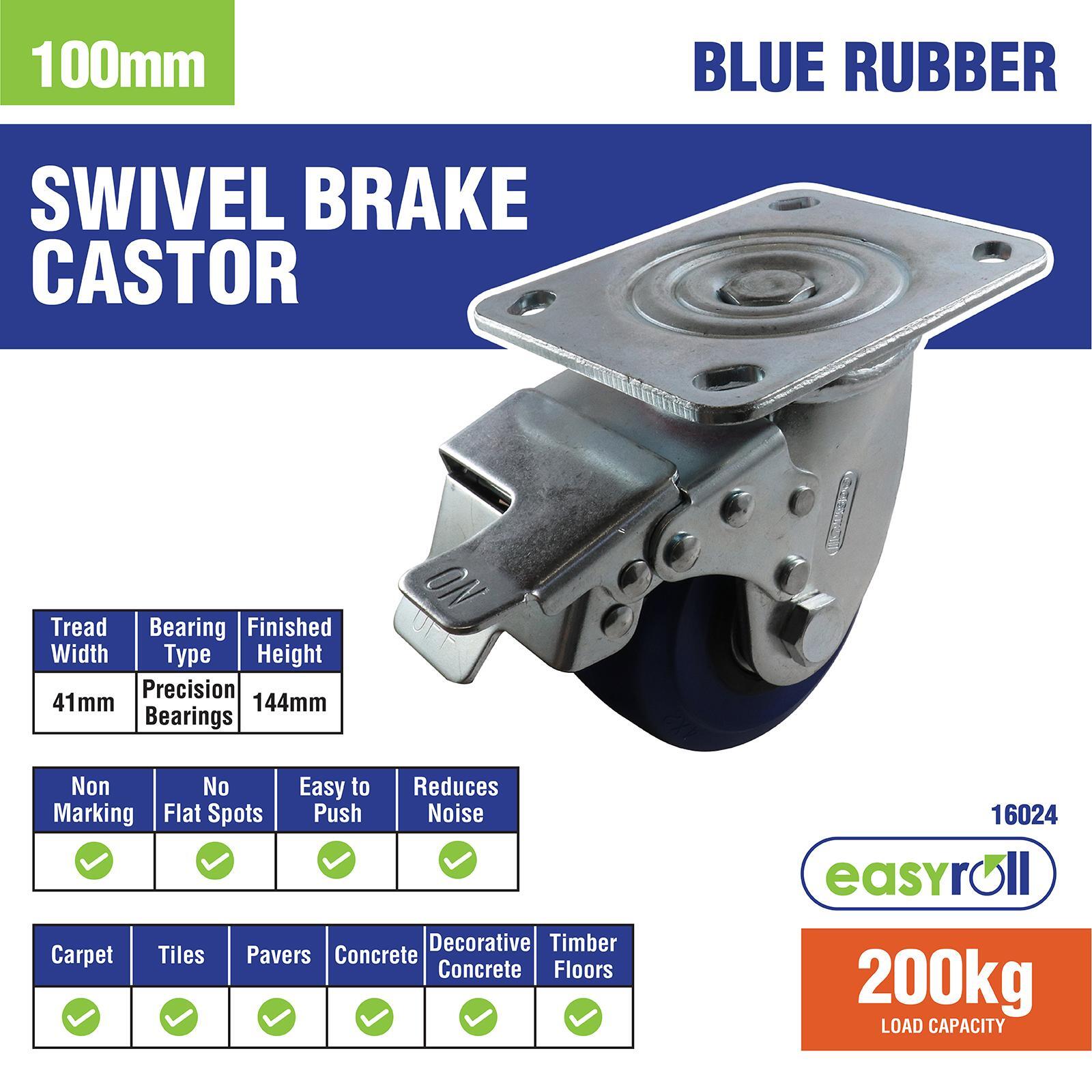 Easyroll 100mm Blue Elastic Rubber Swivel Brake Castor