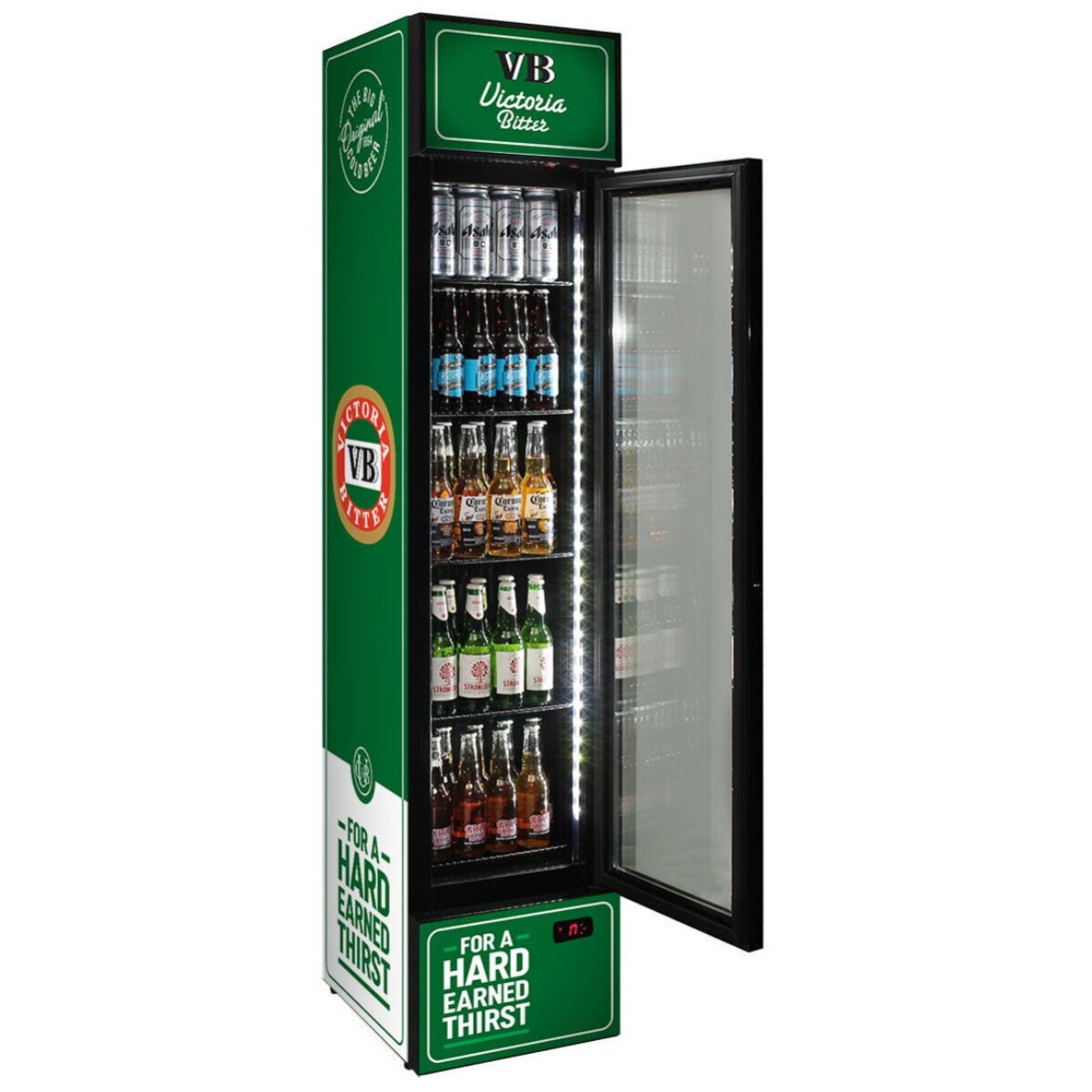 Schmick 160L skinny upright bar fridge - Victoria Bitter branded, 9 star energy rating - SS-P160-VB-V2