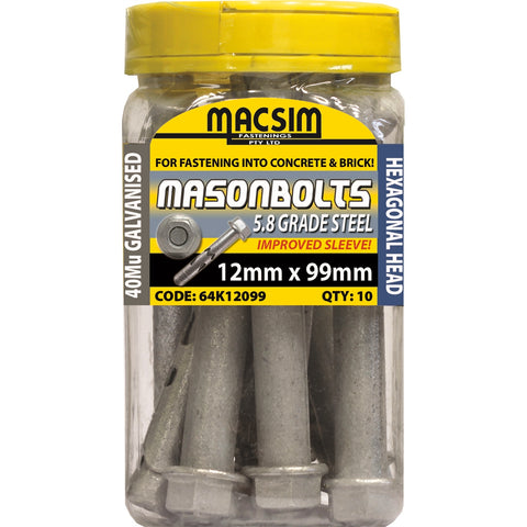 Macsim 12 x 99mm Galvanised Masonry Sleeve Anchor, Hex Nut - 10 Pack