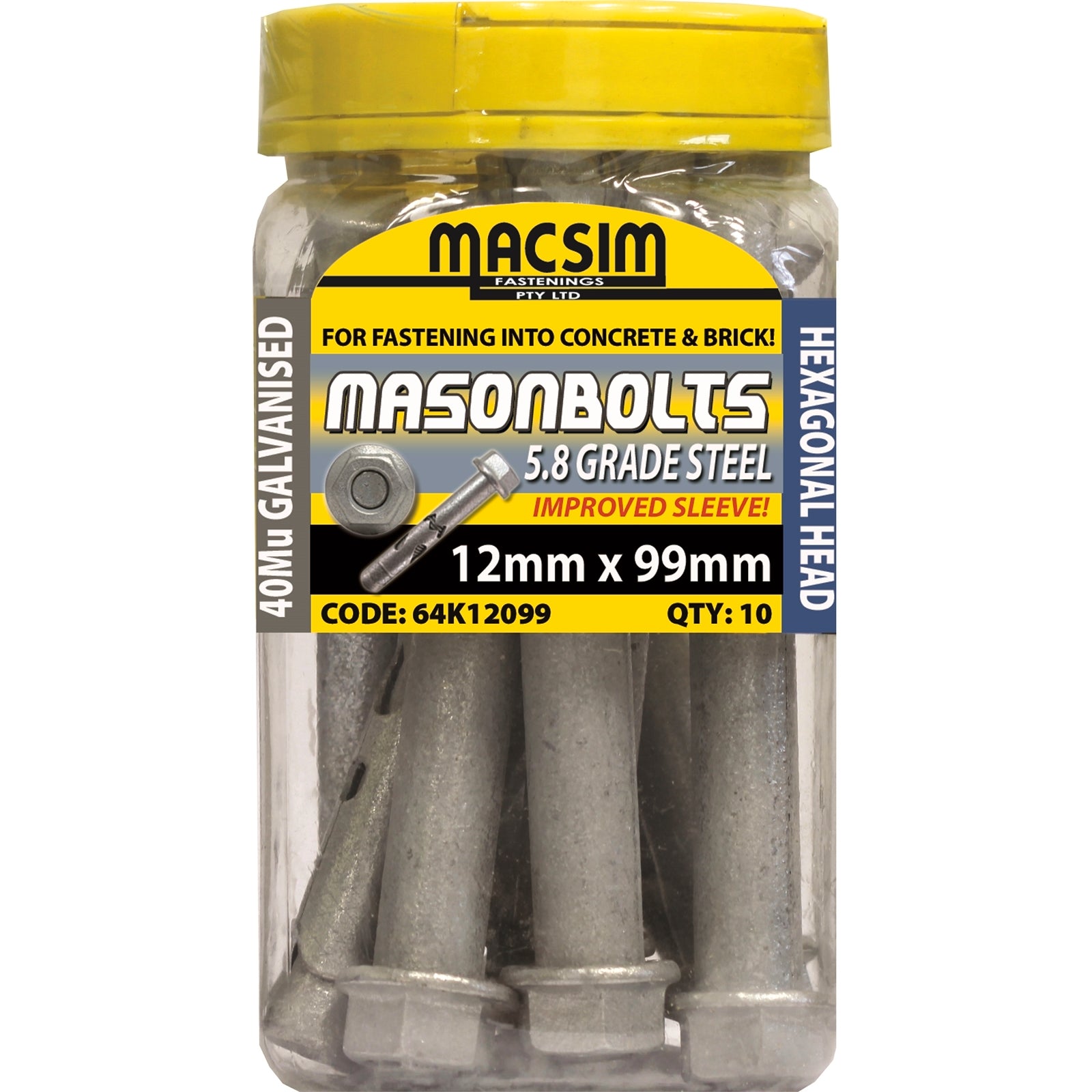 Macsim 12 x 99mm Galvanised Masonry Sleeve Anchor, Hex Nut - 10 Pack