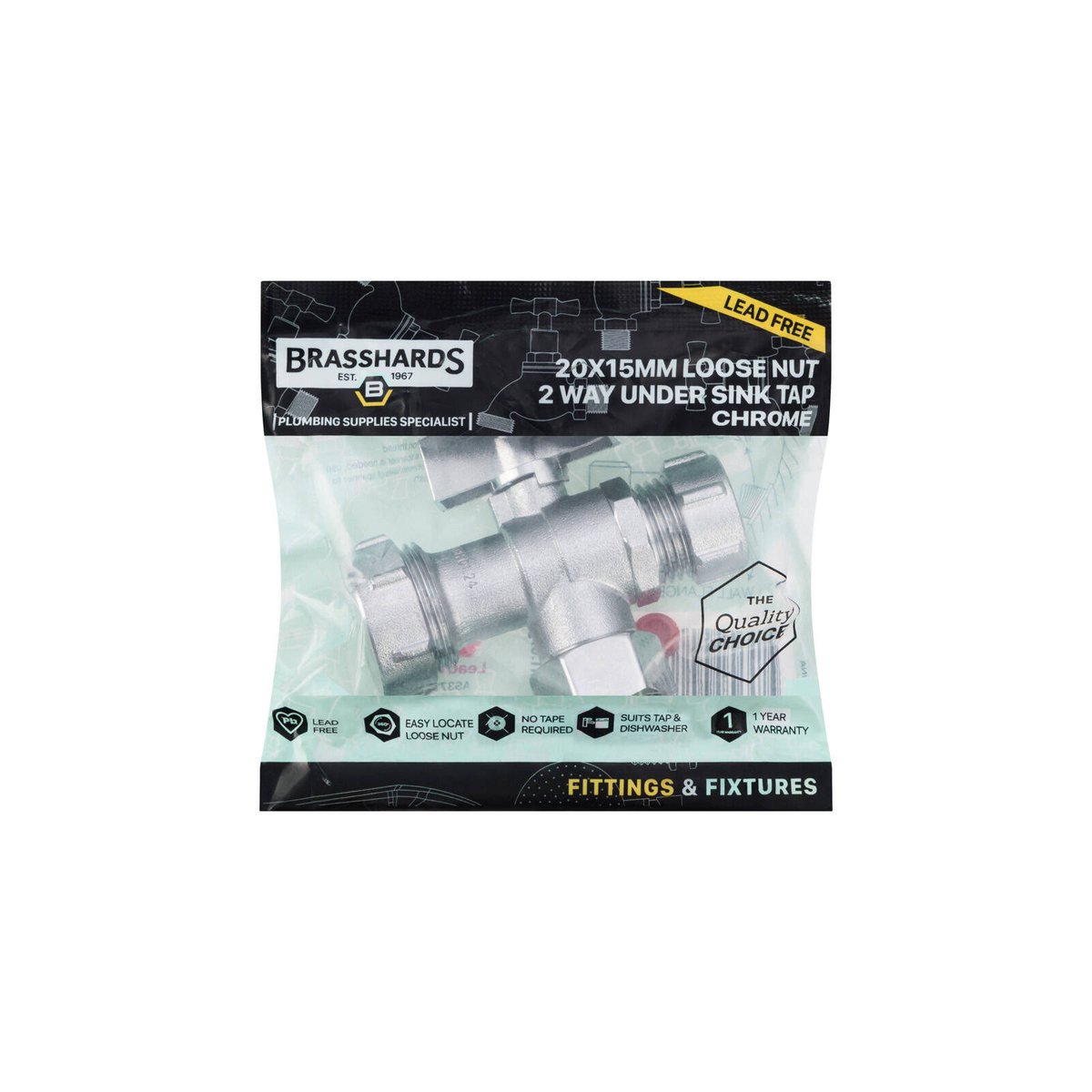 Brasshards Loose Nut 1/4 Turn 2 Way Under Sink Valve 20 x 15mm Chrome Lead Free