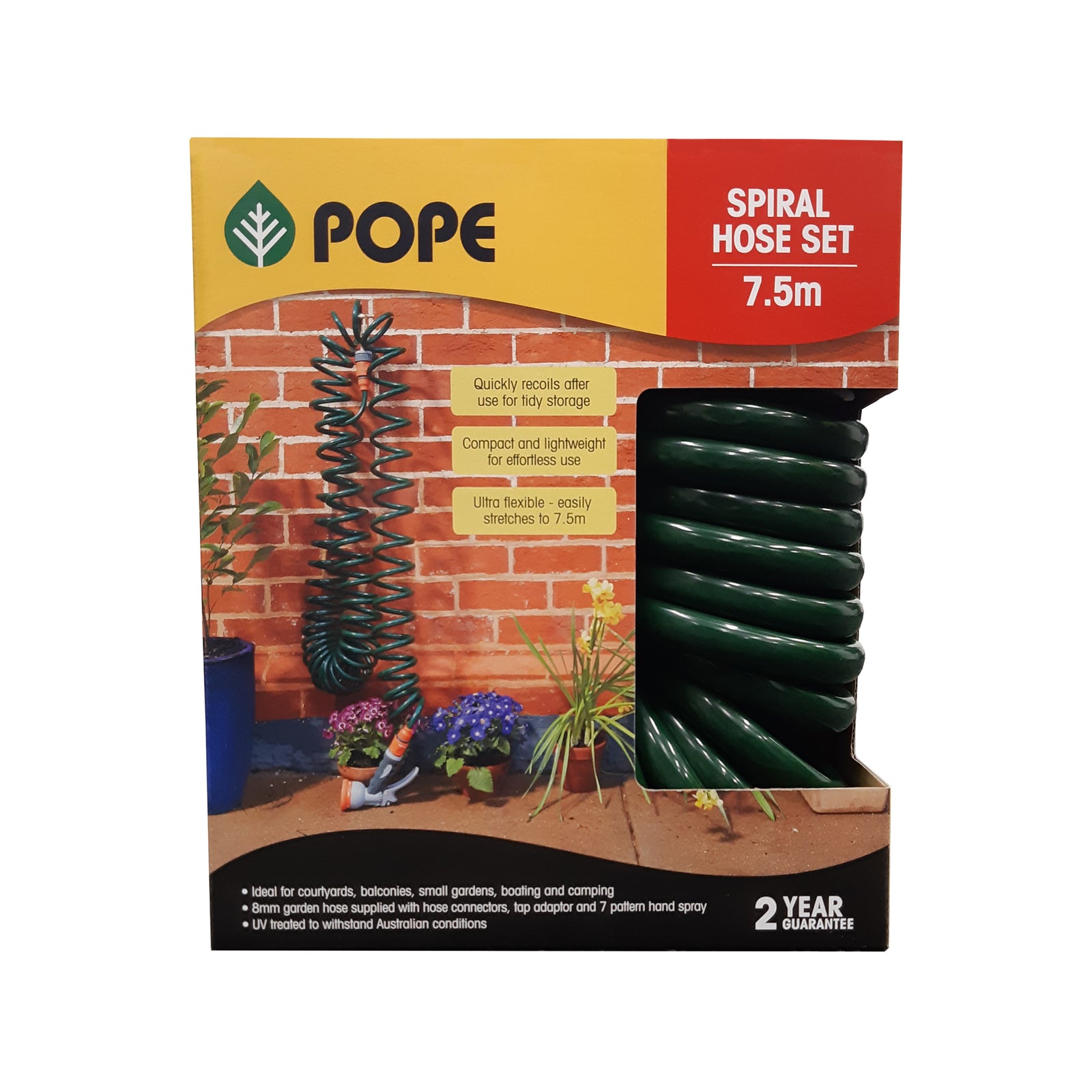 Pope 8mm x 7.5m Spiral Hose Set - Green Flexible Coil Garden Hose
